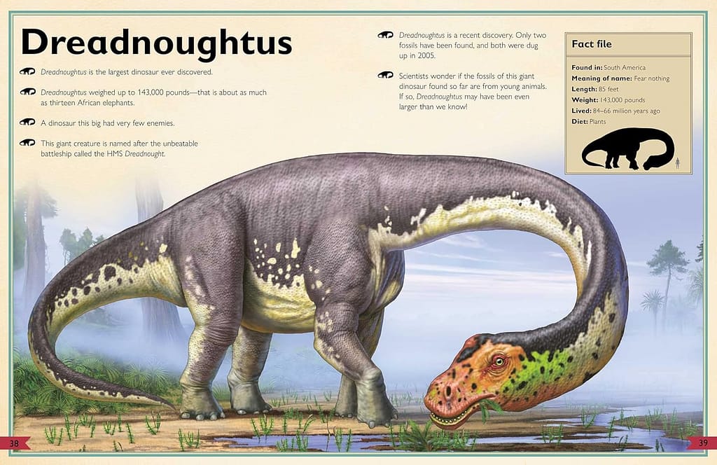 Image shows a Dreadnoughtus dinosaur from Magnificent Books non-fiction series for review.