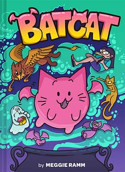 The front cover of light-hearted read Batcat, showing Batcat in the centre surrounded by the ghost, the Witch, and other creatures that appear in the story.