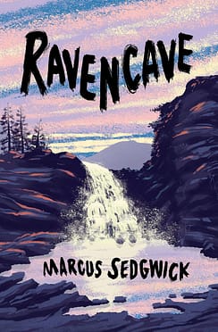 Ravencave book cover, showing a landscape in dark blues and purples with a waterfall splashing into a pool of water in the centre.
