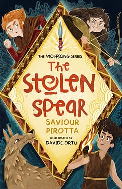 Front cover of The Stolen Spear, showing a young ginger boy in the top left, a young dark-haired girl holding a nocked bow in the top right, a young boy holding a lit torch in the bottom right, and a wolf in the bottom left. In the centre is a large yellow diamond shape containing the book's title, with the tip of a spear at the top. For the Stone Age fiction book review.
