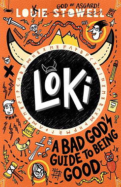 Loki book cover, showing a black circle with horns and the word 'Loki' in it, surrounded by doodles and scribbles of various things and people on an orange background.