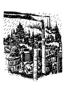 A black and white image of the city of London in the rain, with tall smokestacks releasing smoke into the sky. By Dave McKean.