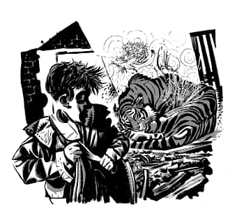 A black and white drawing of Adam in the foreground, and the wounded tyger curled up in the background. By Dave McKean.