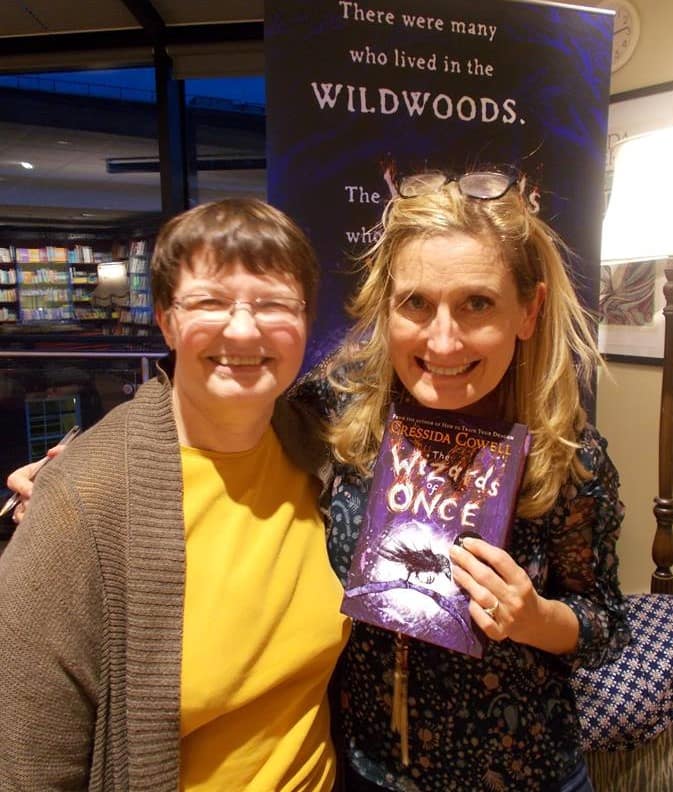 Lynda with Cressida Cowell, author of the How to Train Your Dragon series, at the book launch for The Wizards of Once
