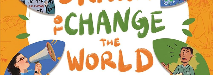 Drawn to Change the World book cover for review; cover is orange, with a white circle with the title in the middle. Emanating from the circle are petal shapes, each featuring the drawing of a different youth activist. The orange background features more drawings, in a darker orange. At the bottom, the tagline says "16 Youth Climate Activists, 16 Artists".