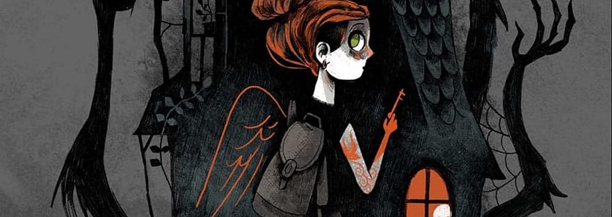The Clackity cover for book review - image shows a tall dark house in the background, with spindly arms reaching up around it. In the top window there is a ghostly figure, bathed in orange. In the foreground there is a girl with her orange hair tied up, holding a key. The outline of wings sprout from her back.