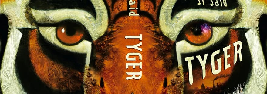 The cover for the book Tyger for review, showing a close-up of the Tyger's face looking straight at the viewer with orange eyes, surrounded by orange, black and white striped fur.