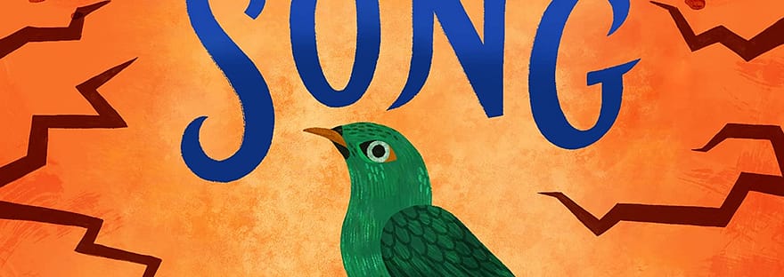 The Song Walker book cover for review shows an orange desert under a harsh sun. Two girls are walking - on the left, a white girl in a black dress carrying a metal case. On the right, a black girl in dungarees pointing off and leading the way. In the centre of the image is a green bird, with the book title around it in blue.